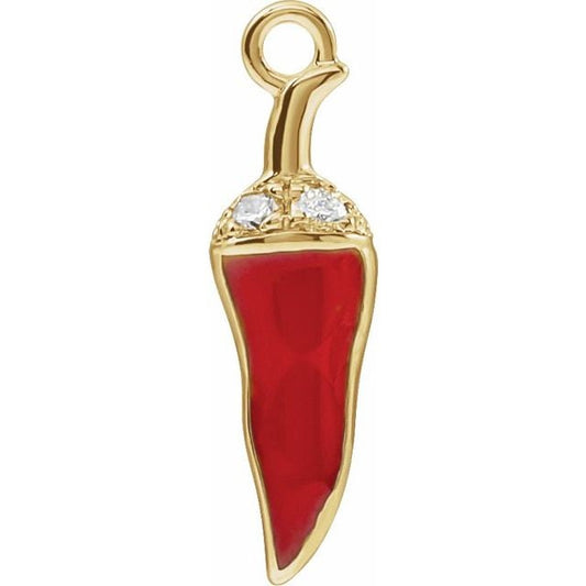 14K Yellow Diamond Red Enamel Chili Dangle