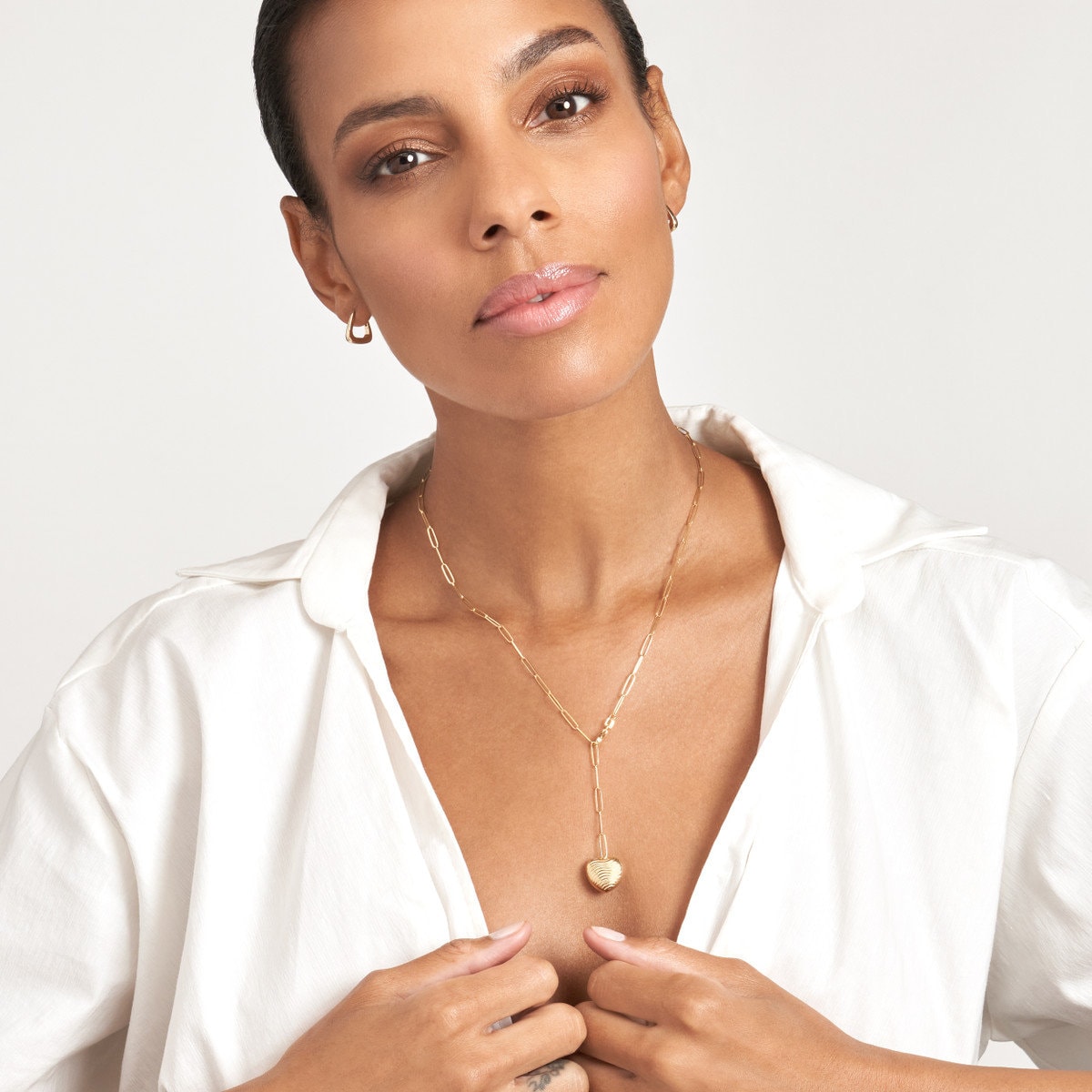 14k Textured Puff Heart Paperclip Lariat Necklace
