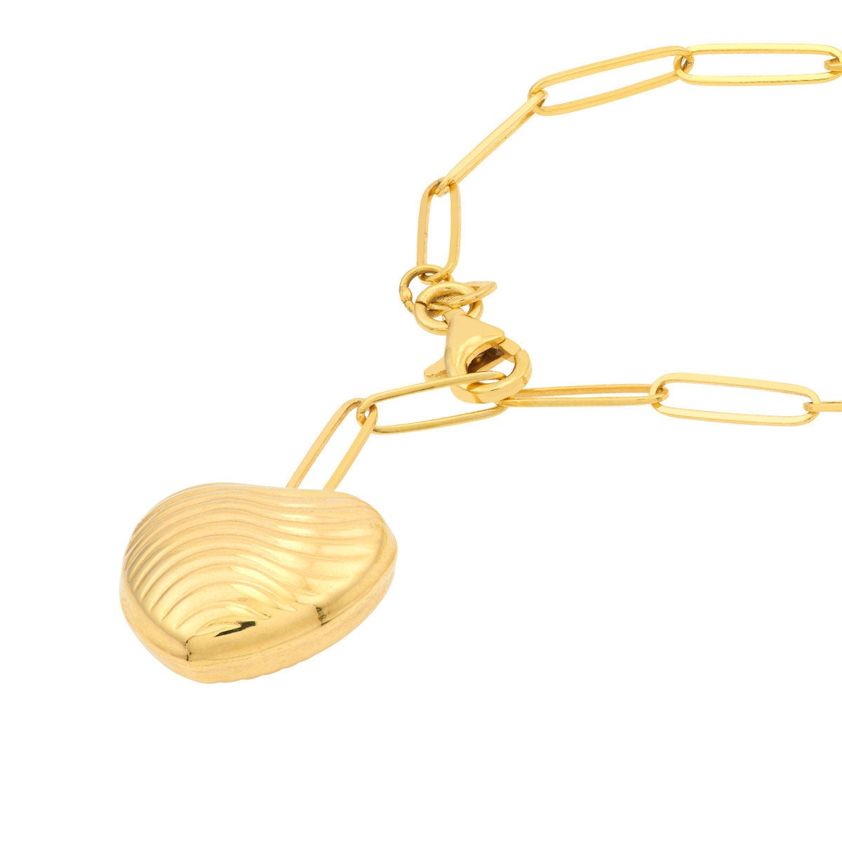 14k Textured Puff Heart Paperclip Lariat Necklace