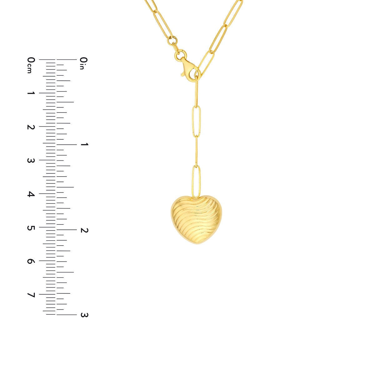 14k Textured Puff Heart Paperclip Lariat Necklace