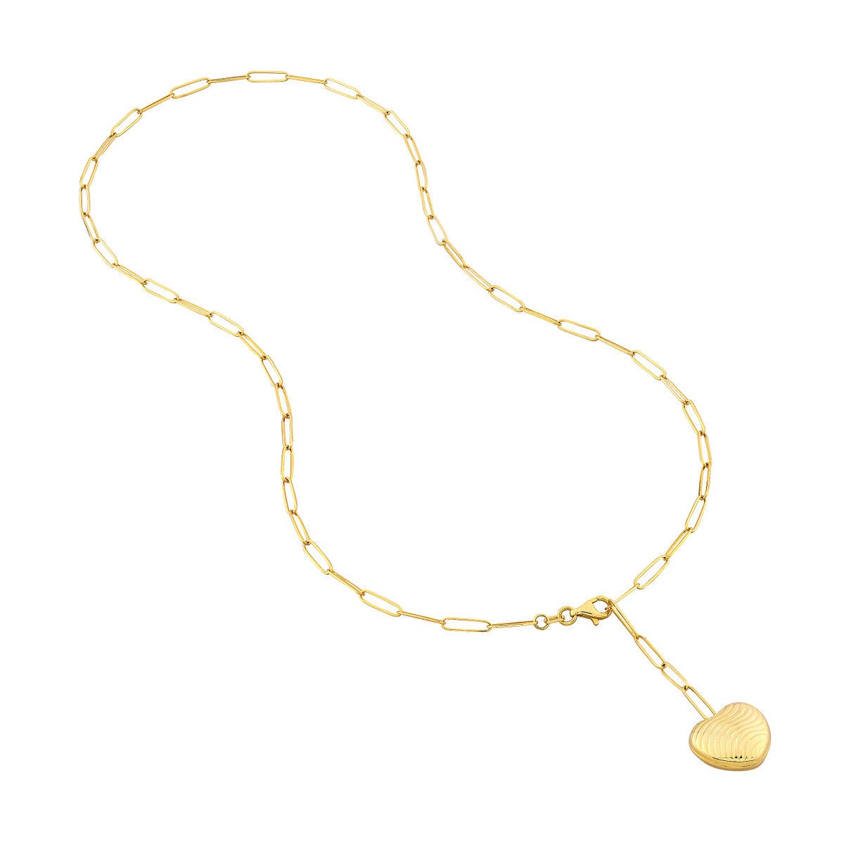 14k Textured Puff Heart Paperclip Lariat Necklace