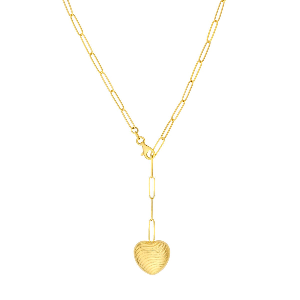 14k Textured Puff Heart Paperclip Lariat Necklace