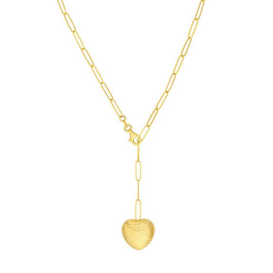 14k Textured Puff Heart Paperclip Lariat Necklace